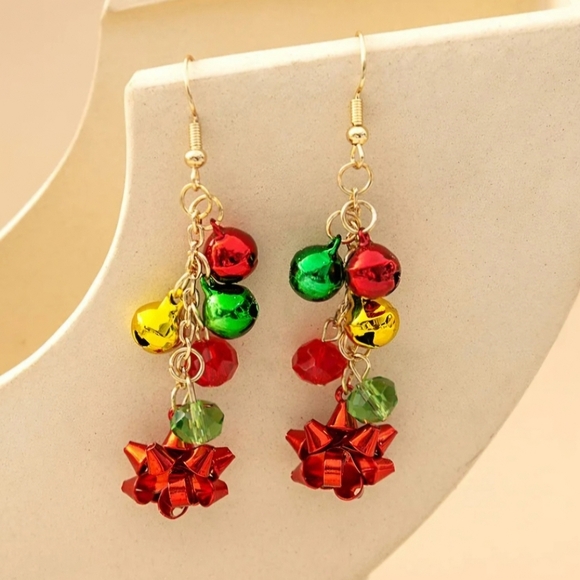 Dangle Earrings with Red Christmas Bow and Balls - Picture 7 of 8
